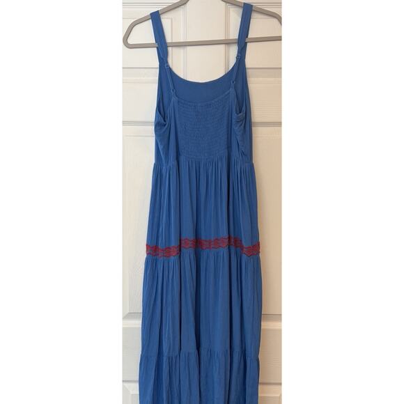 Skies Are Blue Maxi Sundress Sz S Blue Embroidered Adj. Straps Tiered Ruffle EUC - Picture 2 of 14